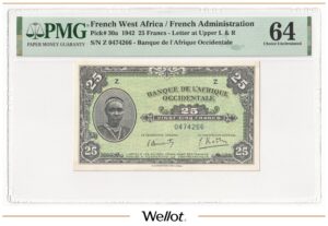 25 Франков 1942 Французская Западная Африка PMG 64 UNC